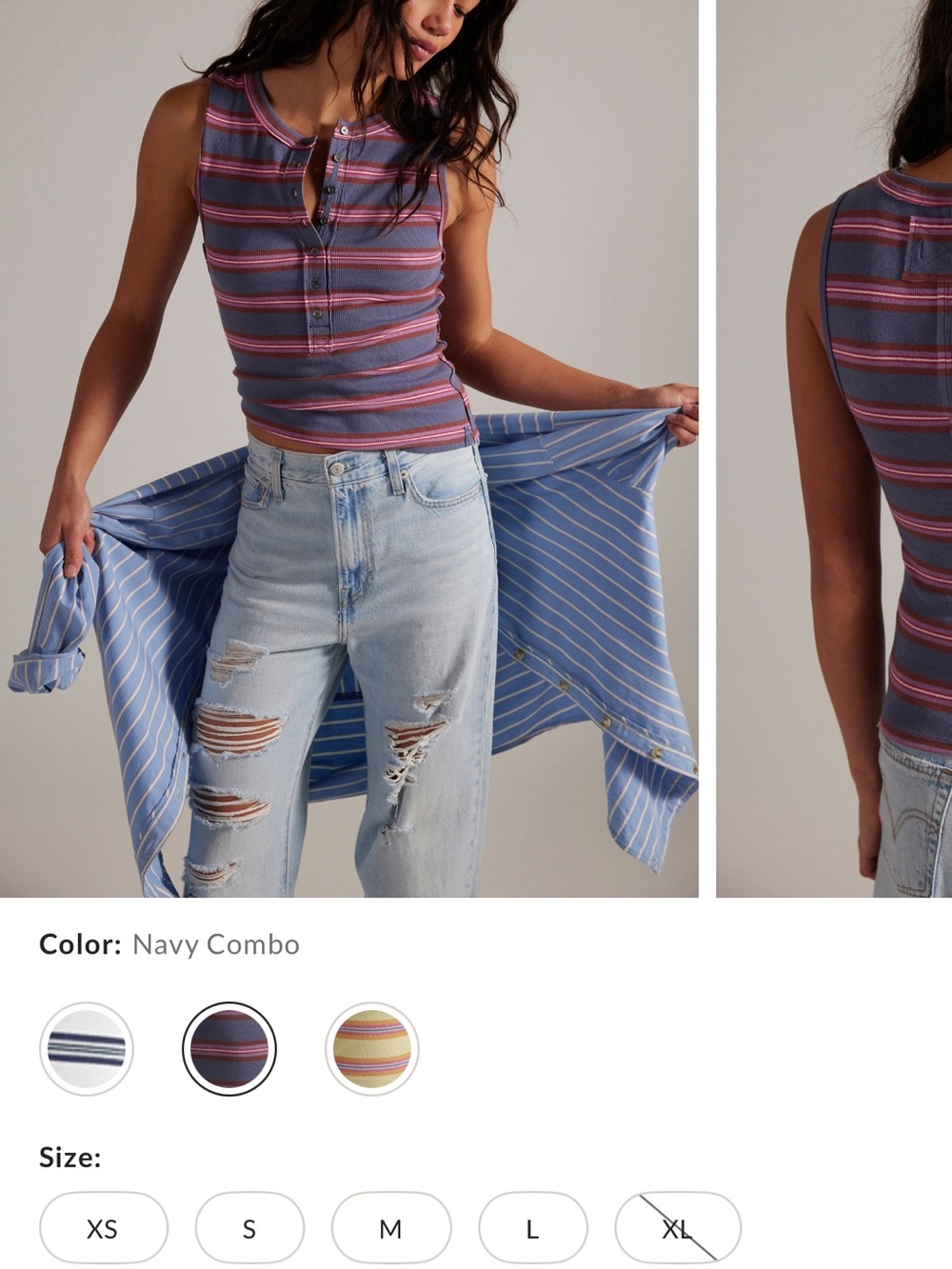 We The Free Navy Combo Striped Ribbed Henley Tank NWOT